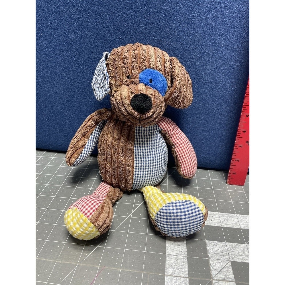 Mud Pie Baby Brown Ribbed Puppy with Colored Gingham Patches Plush